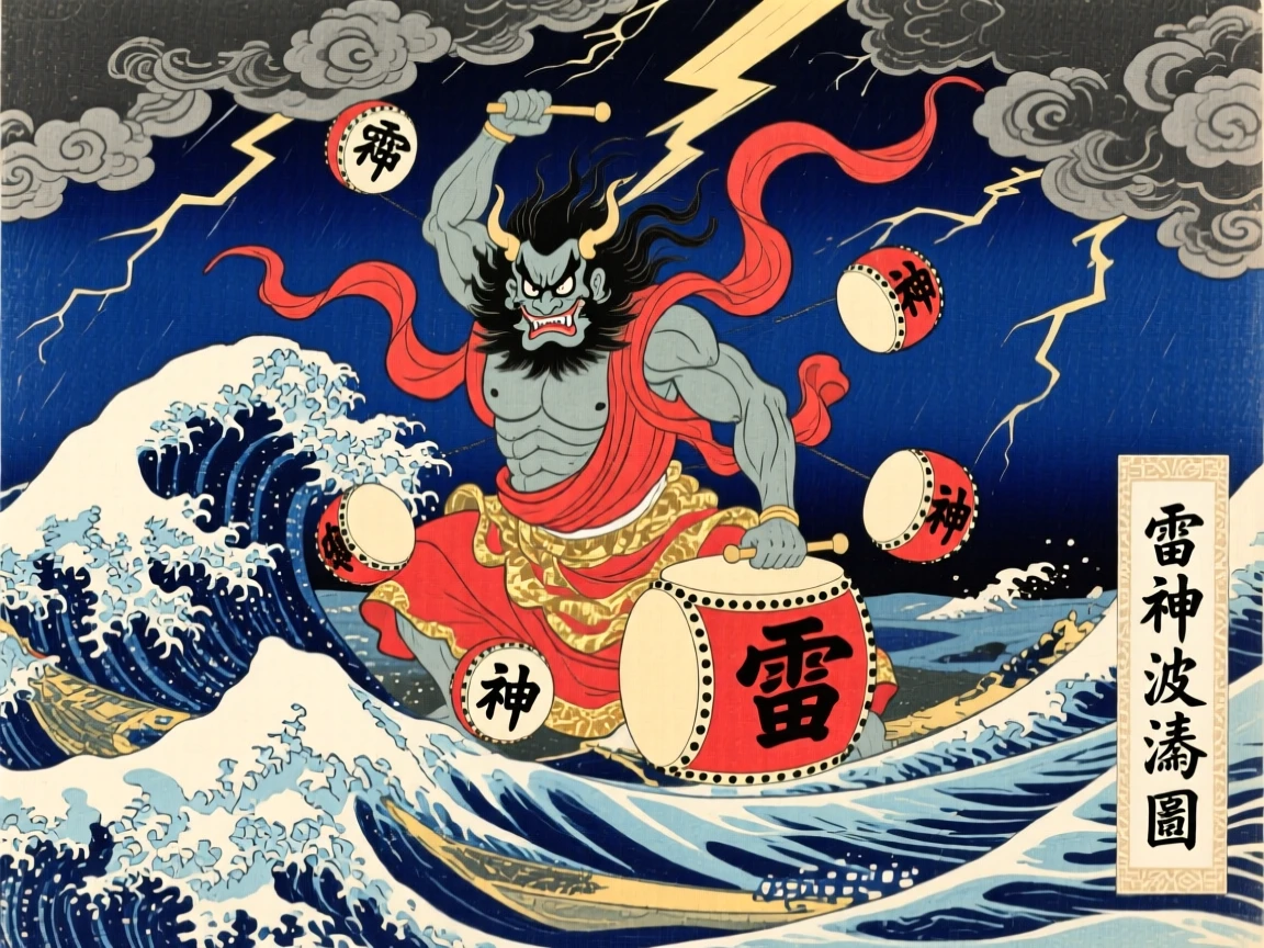 A cloud-riding thunder god emerging from crashing waves beneath a stormy sky.