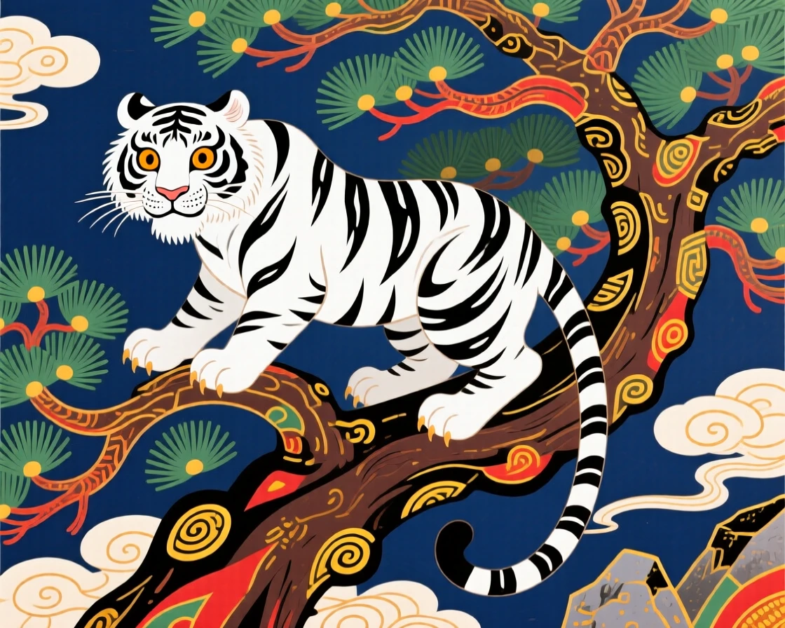 A white tiger, perched atop an ancient pine.