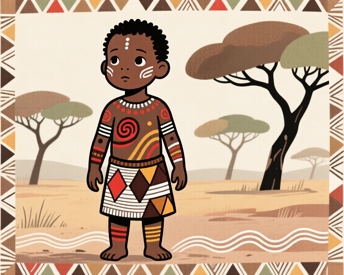A curious toddler standing tall against a backdrop of acacia trees.