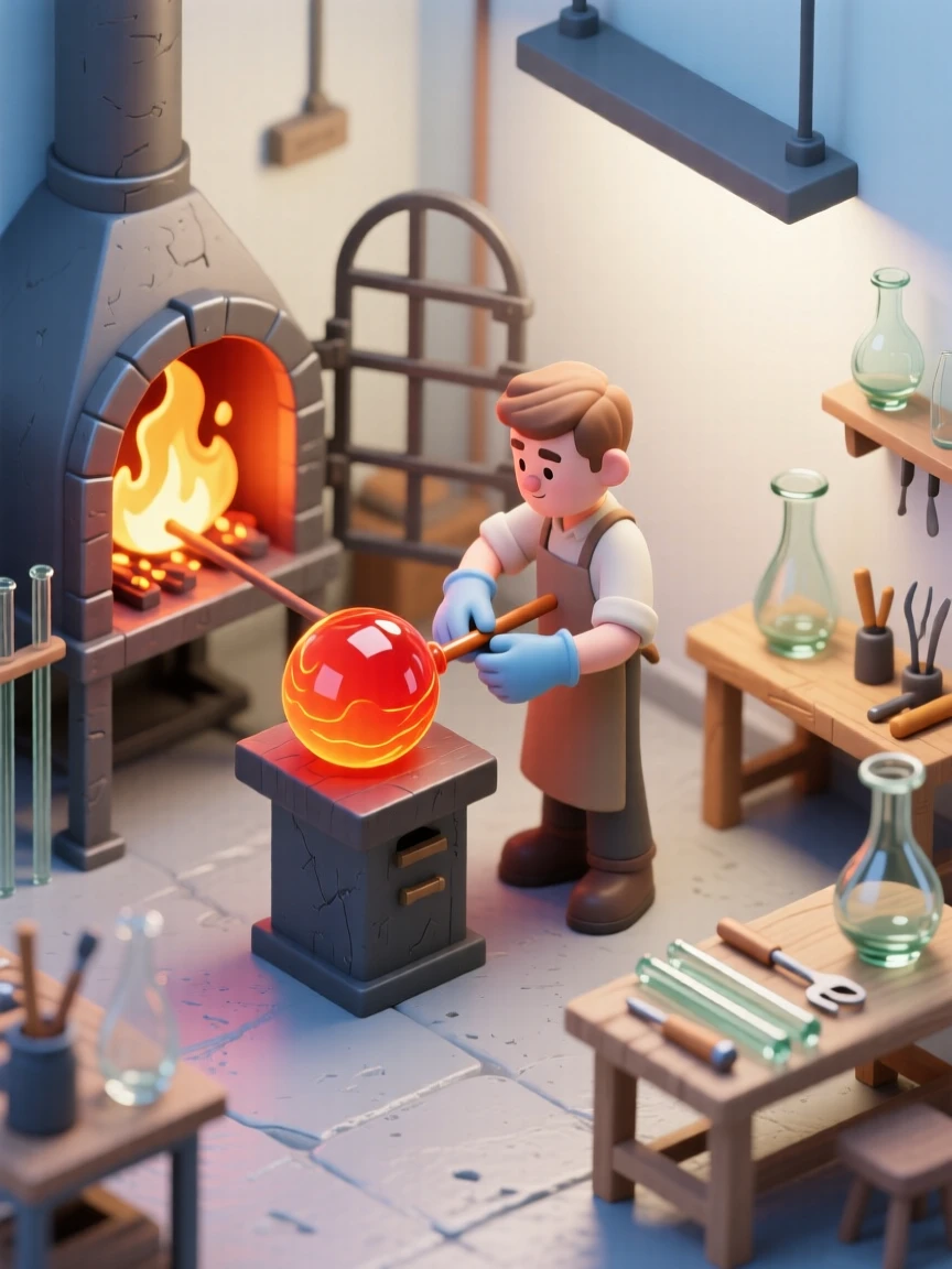 A glassblowing studio with a molten orb glowing at the end of a pipe, an artist shaping it carefully near a roaring furnace.
