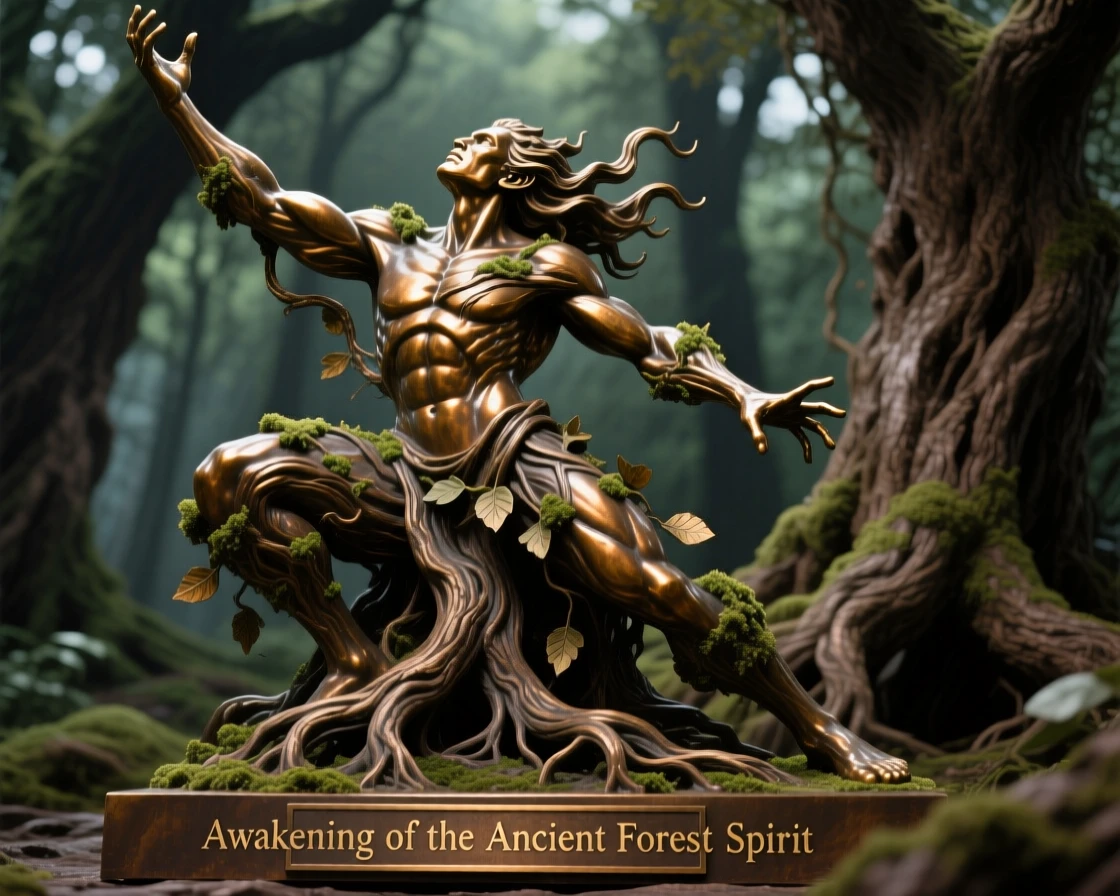 An ancient forest spirit awakening among roots, captured in a powerful, dynamic pose, radiating awe and grandeur