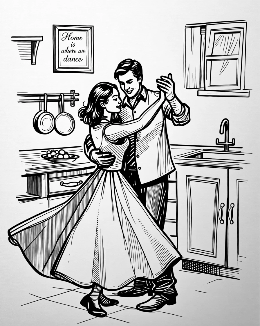 A couple dancing together in their kitchen, one hand raised, both smiling.