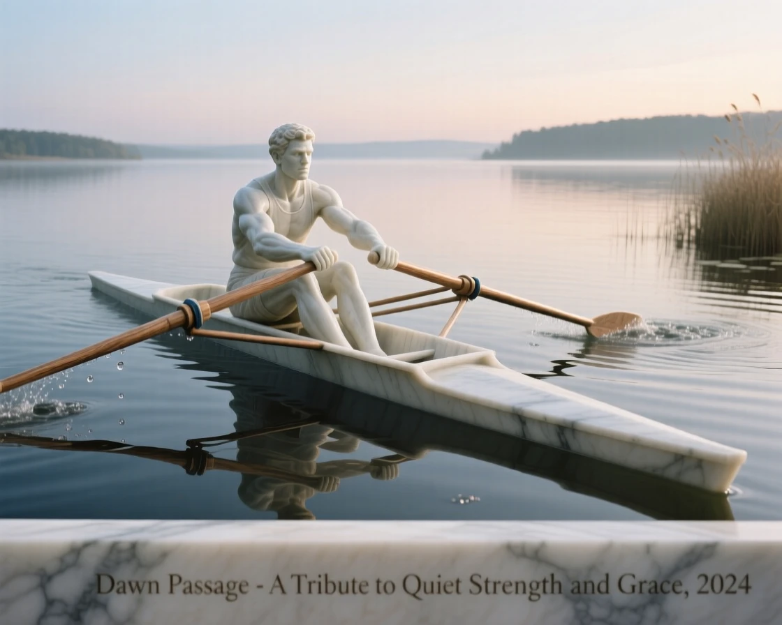 A beautifully composed image of a rower gliding across a still lake at dawn, captured with cinematic depth and detail, full of atmosphere and visual storytelling