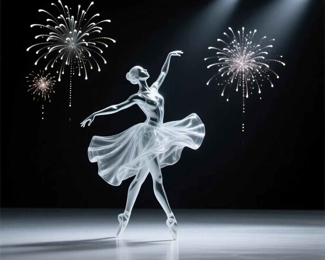 As fireworks burst quietly in the sky above, a solo dancer moving gracefully across an empty stage