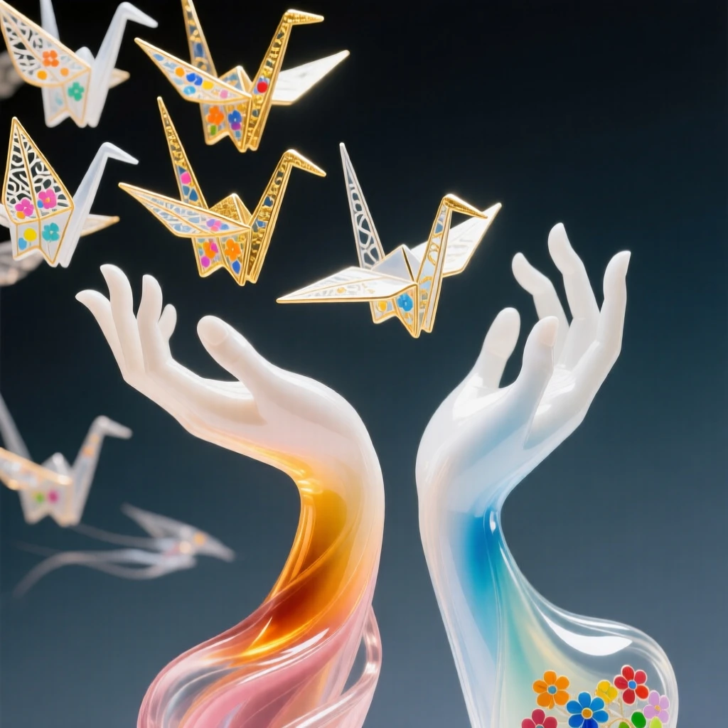 A pair of hands releasing a flock of paper cranes into the wind, hopeful and delicate.