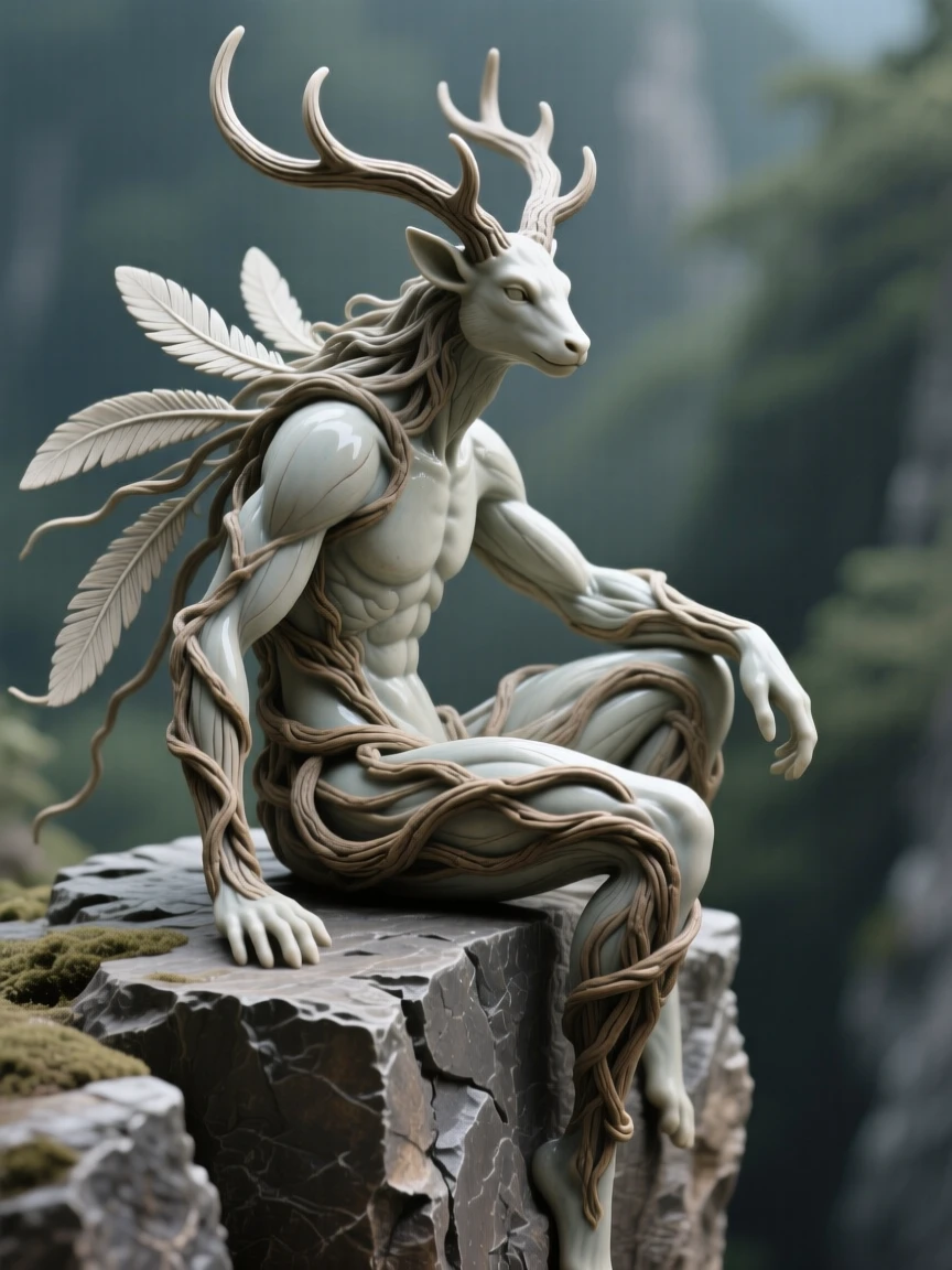 A gentle forest guardian made of vines and antlers perched watchfully at the edge of a cliff, with delicate feathers trailing like ribbons, filling the scene with mysterious, otherworldly beauty.