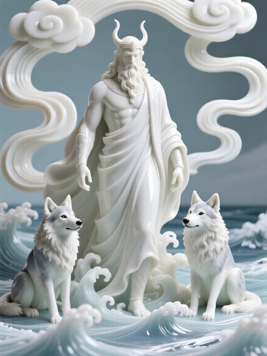 A mythological moment: a Norse god with his loyal wolves emerging gracefully from sea foam, framed by swirling clouds and light.