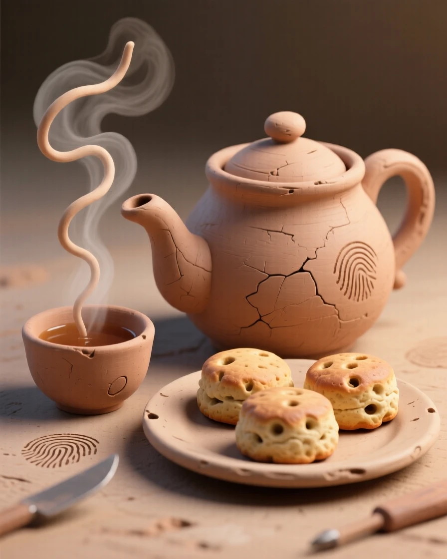 A steaming pot of tea beside a plate of freshly baked scones