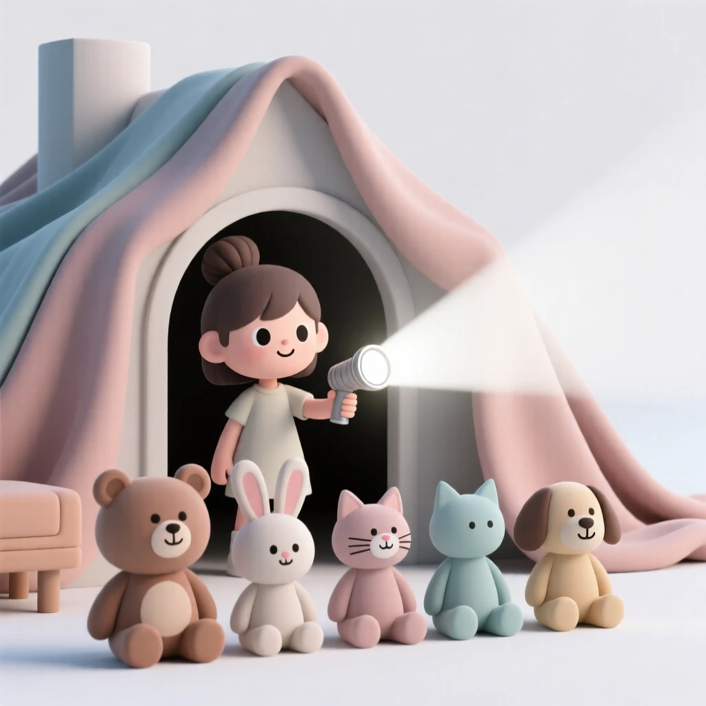 A curious girl builds an elaborate blanket fort, flashlight in hand and stuffed animals lined up as guests.