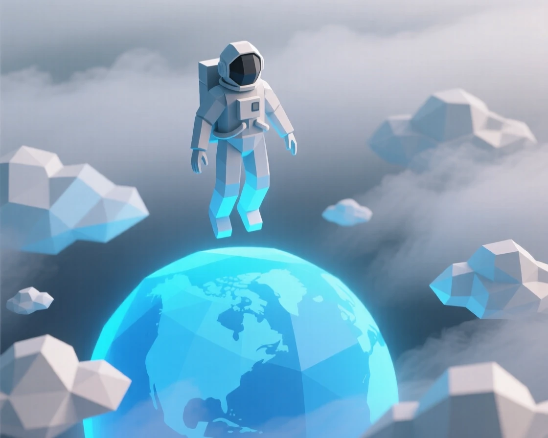 A lone astronaut floating above a glowing blue planet, surrounded by soft glowing mist. the composition uses a wide, immersive perspective. The mood feels futuristic and full of possibility.