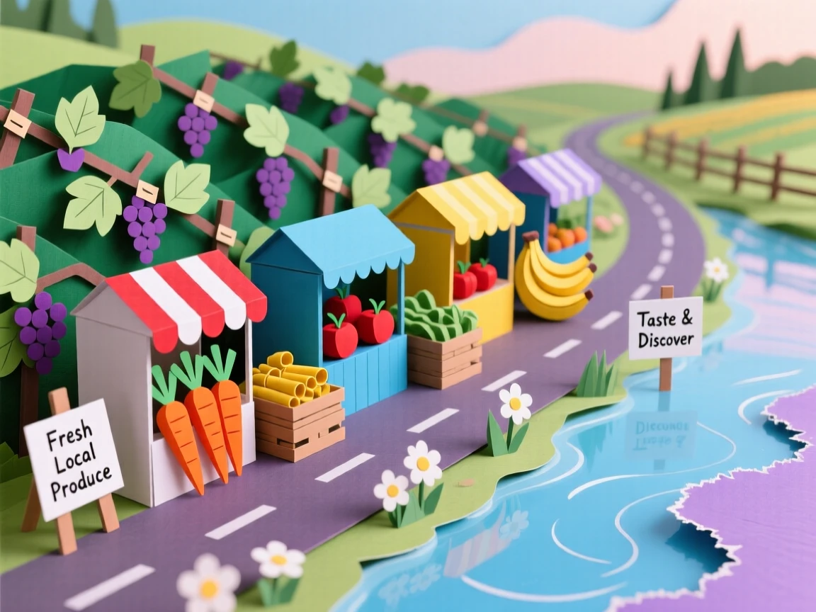 A vineyard-covered countryside road reflecting soft colors in still water nearby, with vibrant market stalls scattered about, capturing a sense of discovery and adventure.