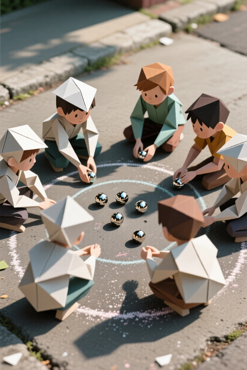 A group of children playing marbles in a circle drawn in chalk on the sidewalk.