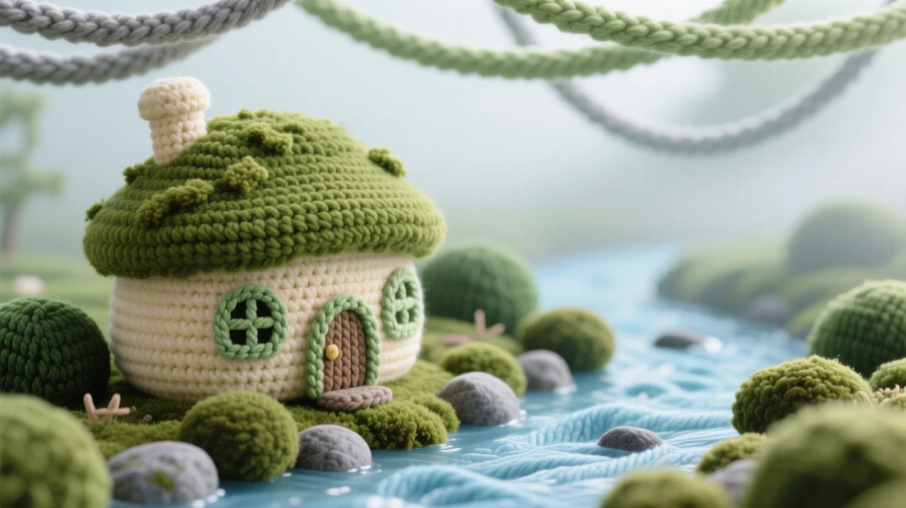 a tiny cottage by a stream, with a mossy thatched roof, tucked beside a gently flowing brook under a canopy of soft morning mist; a cluster of soft mossy rocks completes the scene, full of peaceful, untouched natural beauty.
