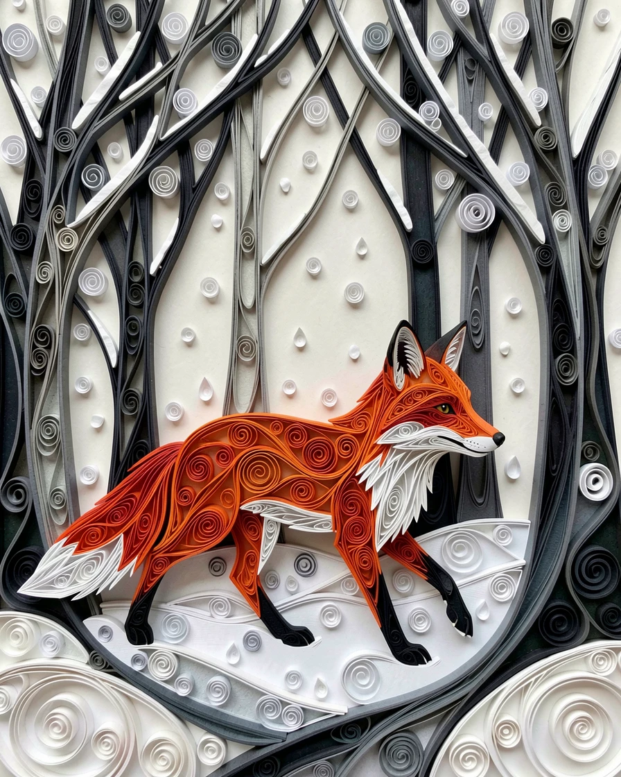 A striking wildlife scene of a red fox trotting through a snow-dusted forest beneath tall shadowy silhouettes in the distance, surrounded by softly falling snow, composed with strong leading lines toward the subject.