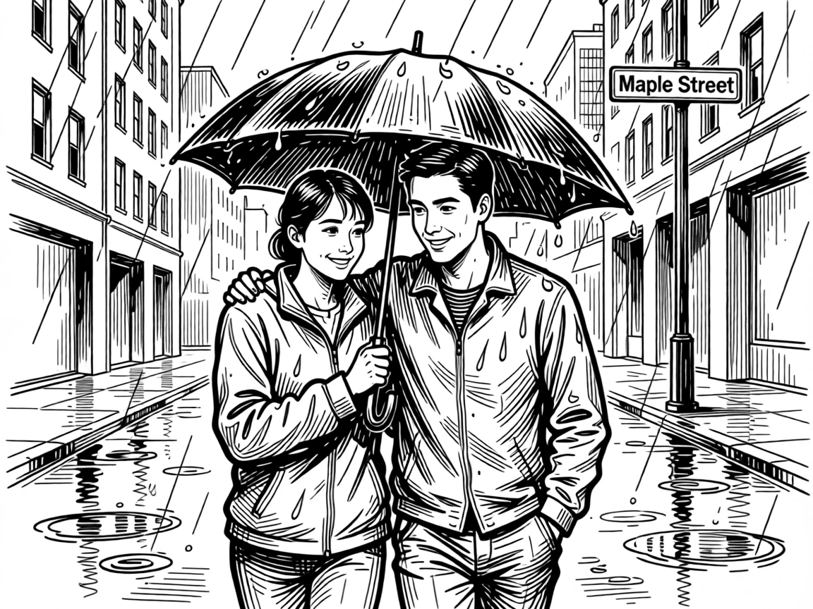 Two friends sharing a single umbrella while walking through a rainy city street.