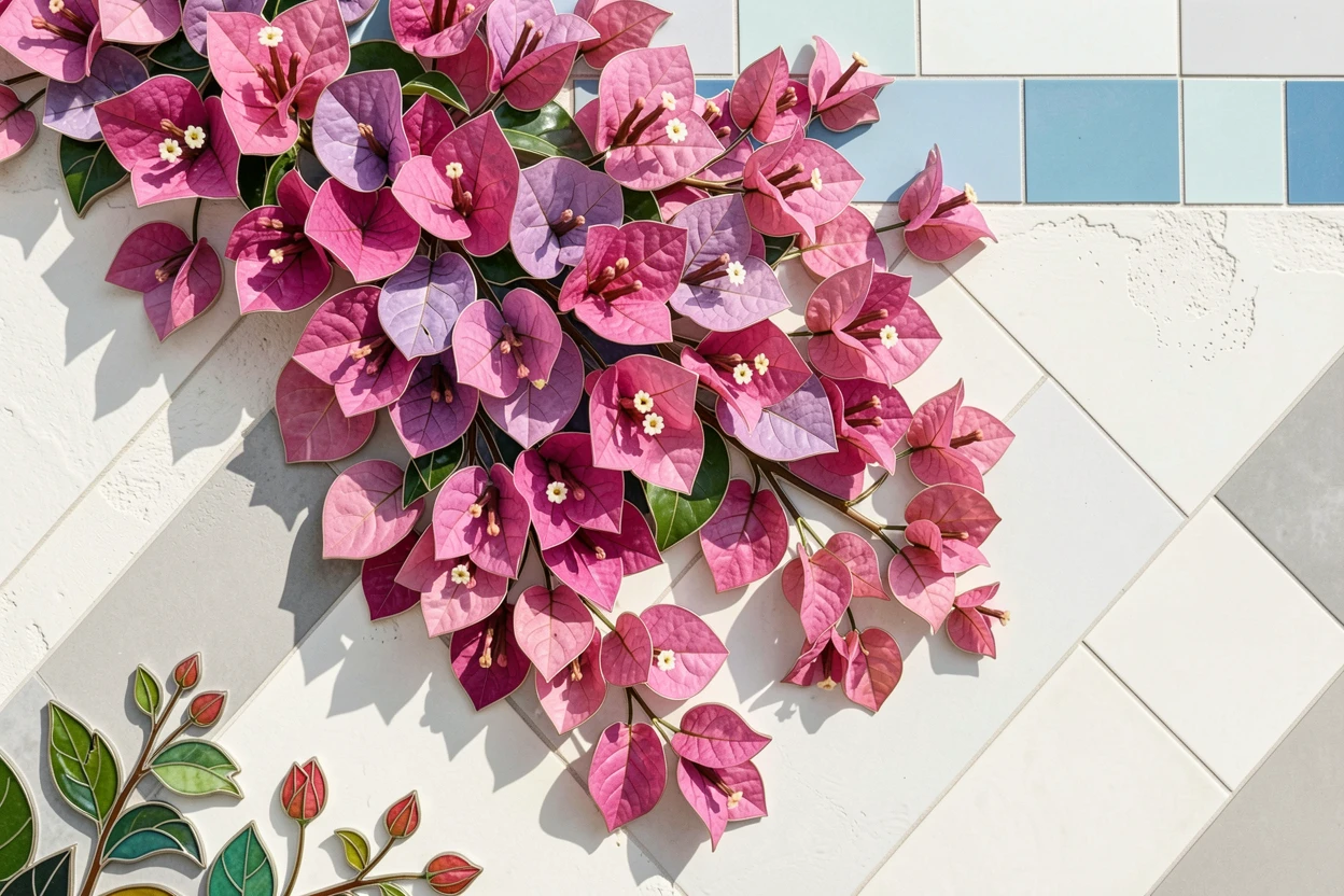 A close-up macro view of a cascade of bougainvillea flowers over a whitewashed wall, showing intricate petal texture and delicate detail.