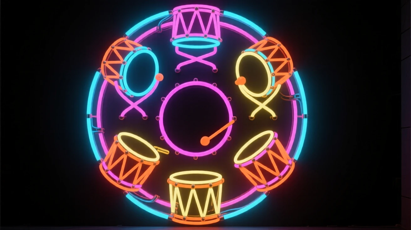 A set of traditional drums arranged in a circle for a festival.