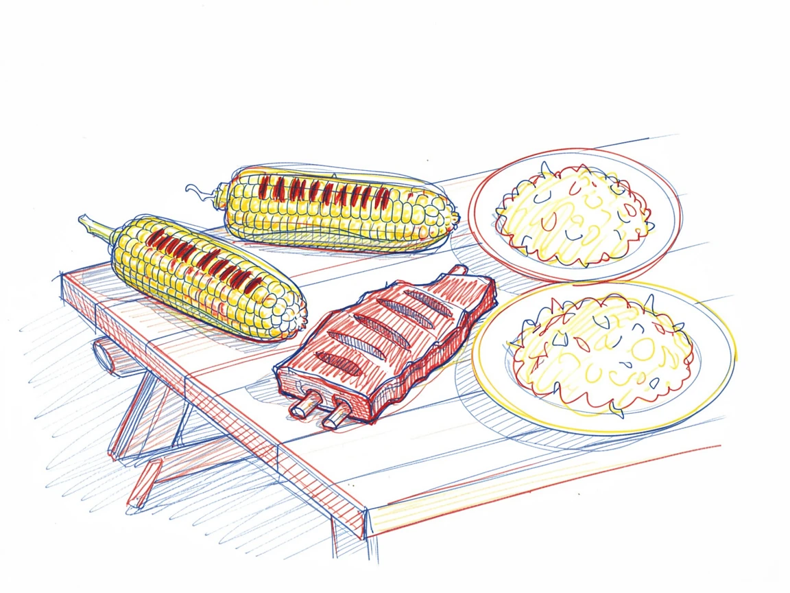 A summer barbecue spread with grilled corn, ribs, and coleslaw
