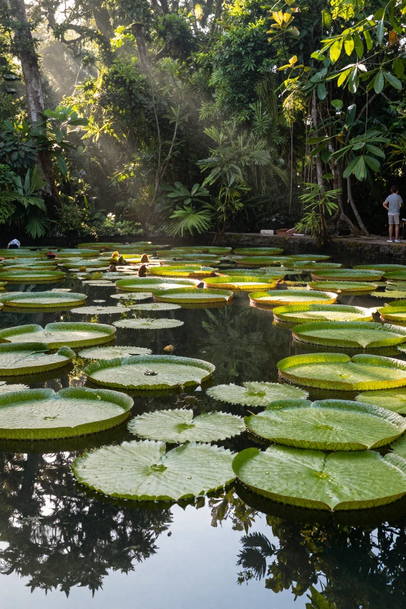 A floating garden of lily pads stretches across a still jungle lagoon.