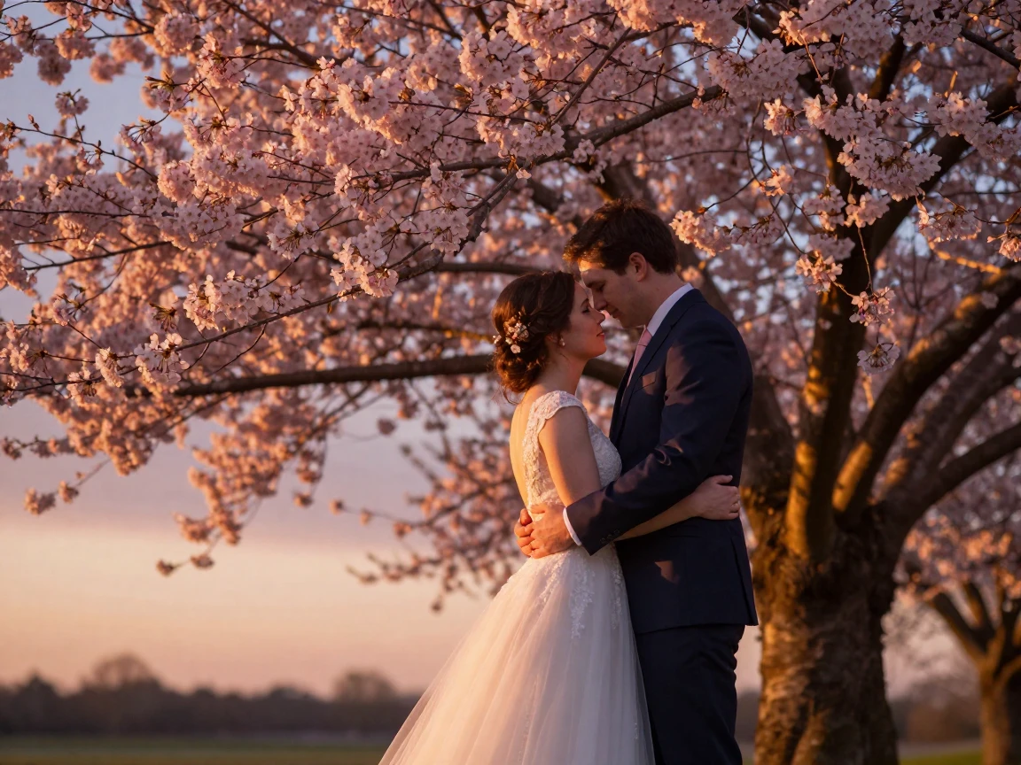 A newlywed couple embracing beneath a blossoming cherry tree as the day comes to an end