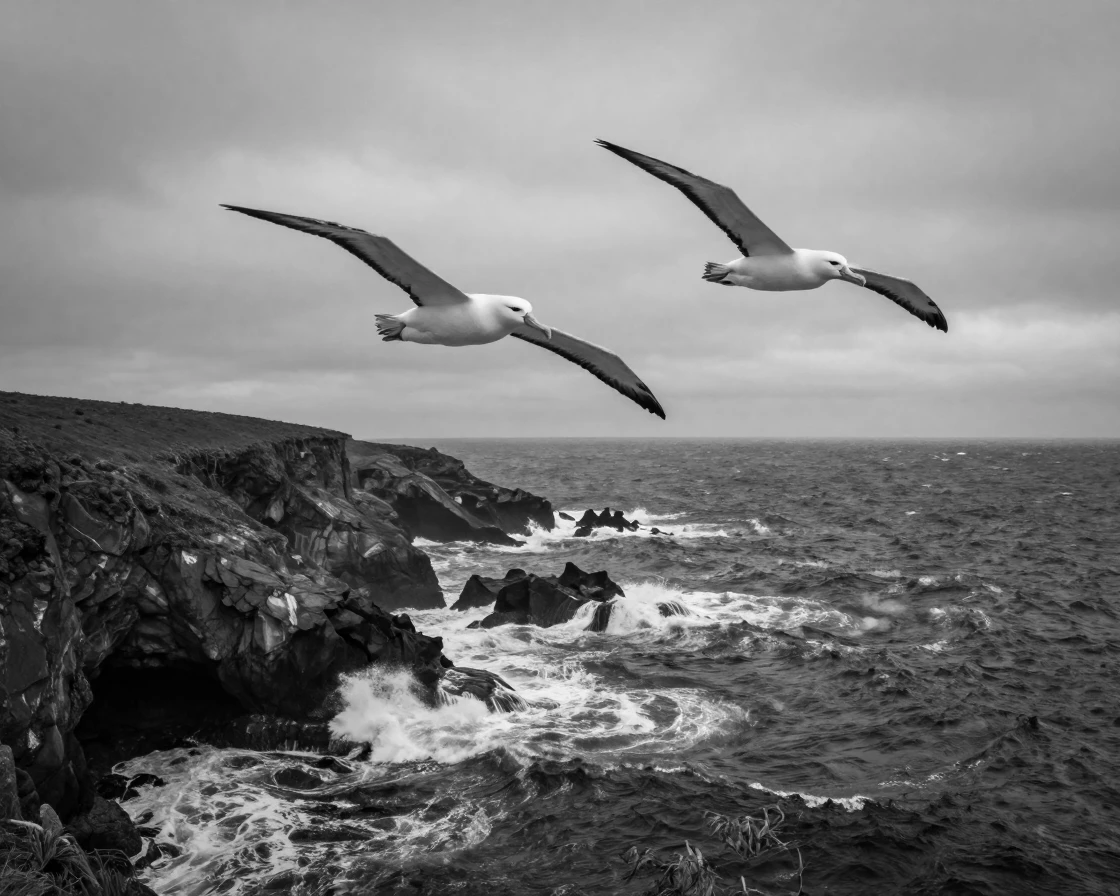 A pair of albatrosses glides for miles without flapping over a windswept coastline.