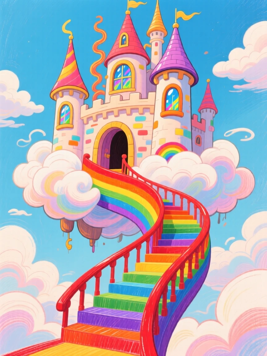 A castle in the clouds accessible only by a spiraling rainbow staircase.