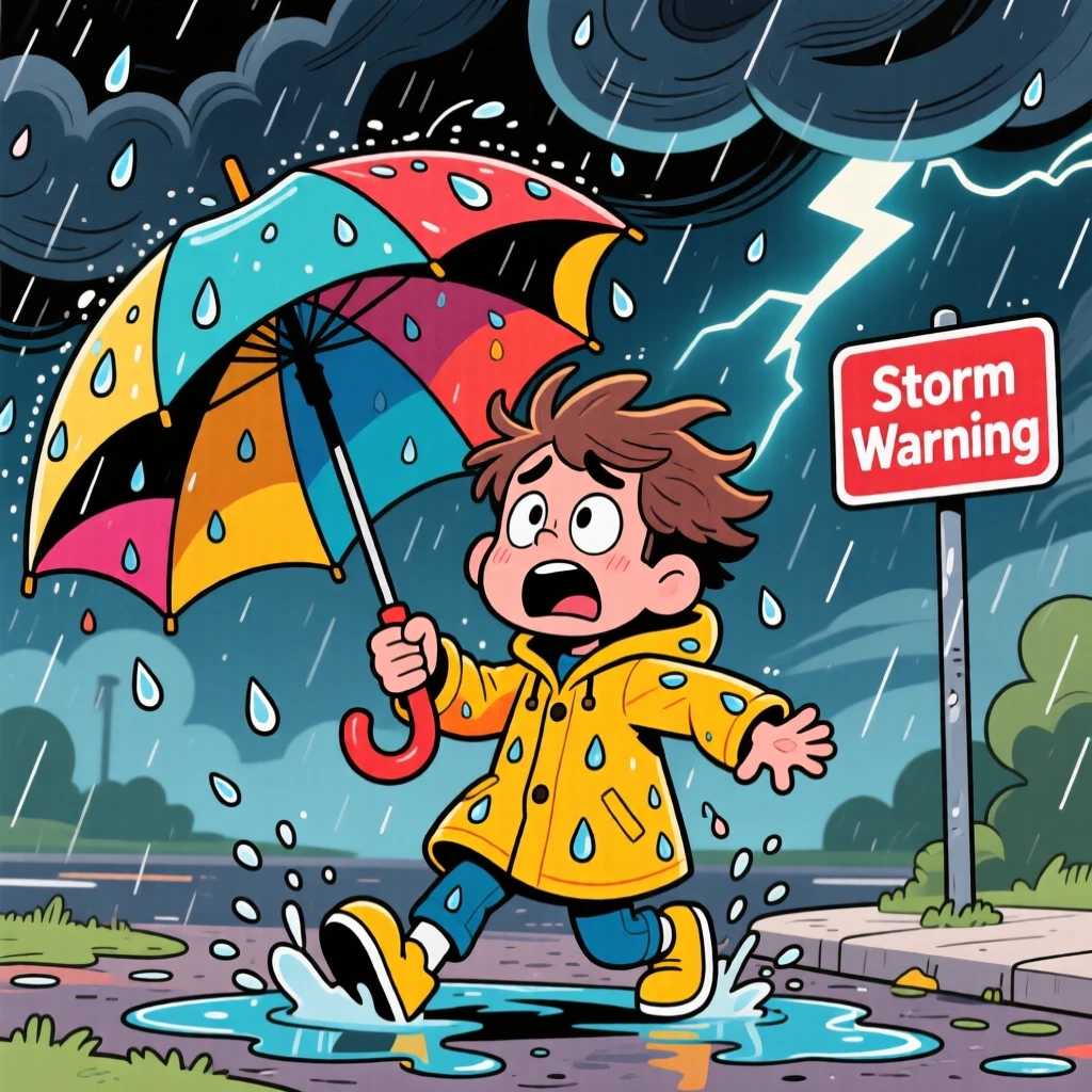 A funny expressive moment showing a teenager fumbling an umbrella inside out during a storm, with a look of pure comic disbelief.