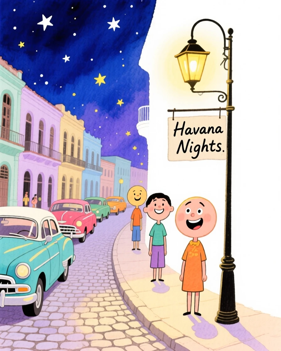 A dreamy travel postcard scene of the streets of Havana lined with vintage cars under a starry night sky