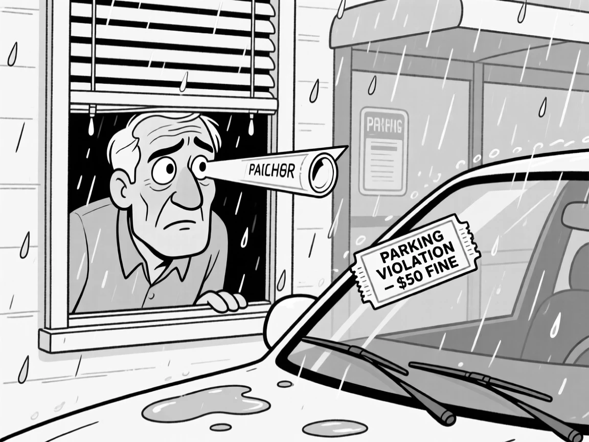 A neighbor peeking dramatically through window blinds, squinting hard as if x-ray vision might help, set at a rain-soaked bus stop. A parking ticket flutters ominously under a wiper. It feels like a meme come to life, equal parts cringe and charm.
