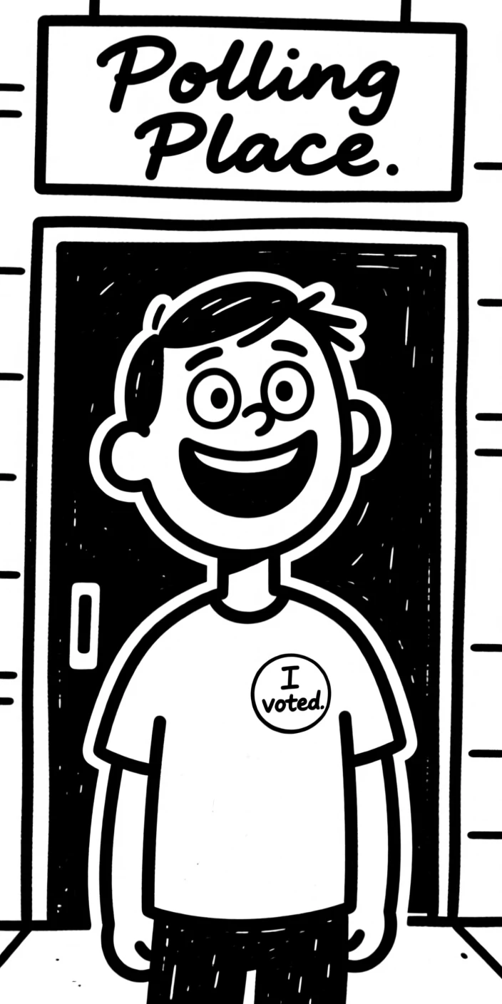 A first-time voter proudly wearing an 'I voted' sticker outside a polling place.