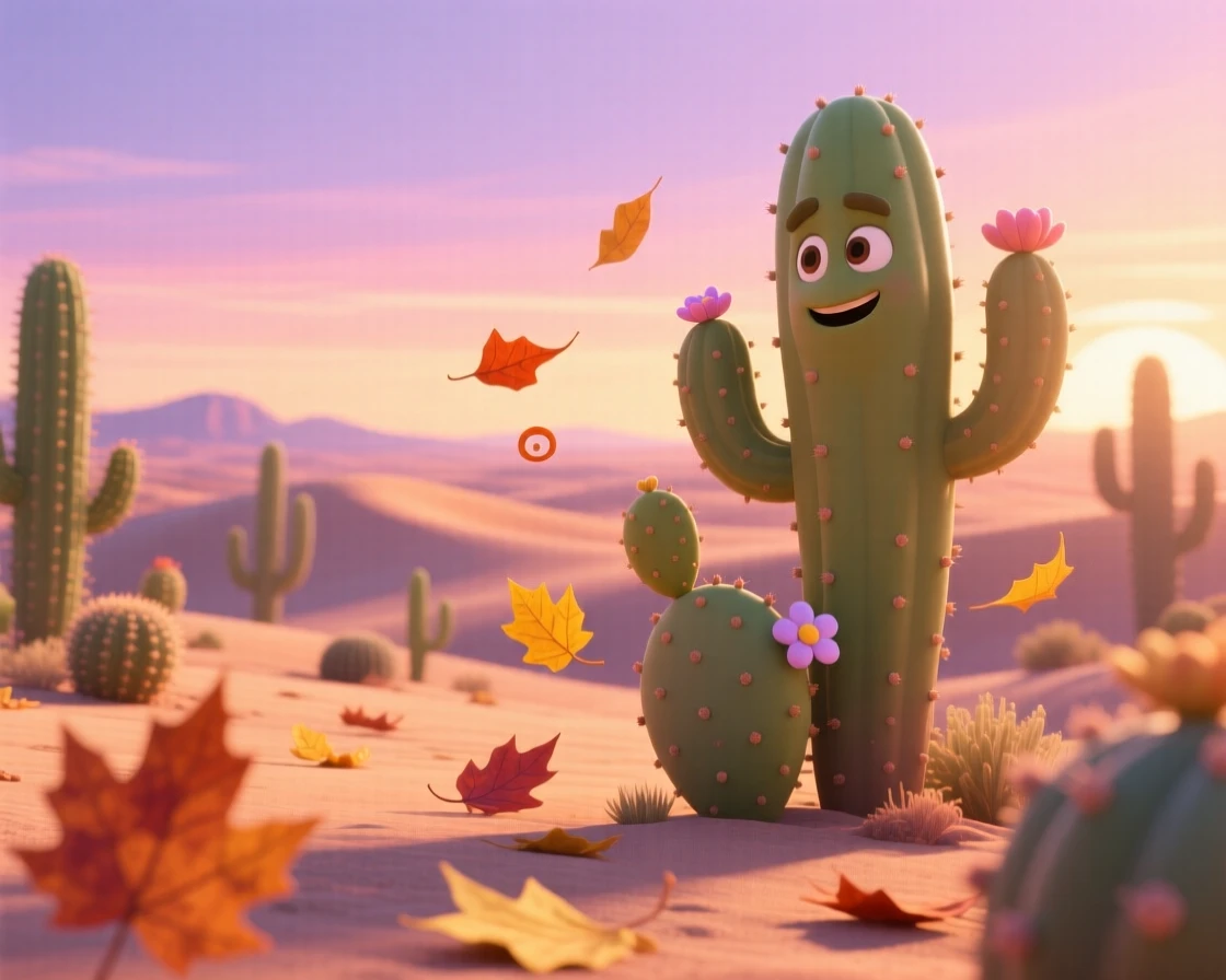 A desert dotted with cacti glows as the first light of dawn spills over the horizon, with fallen leaves drifting slowly on the breeze. A calming stillness settles over the landscape.