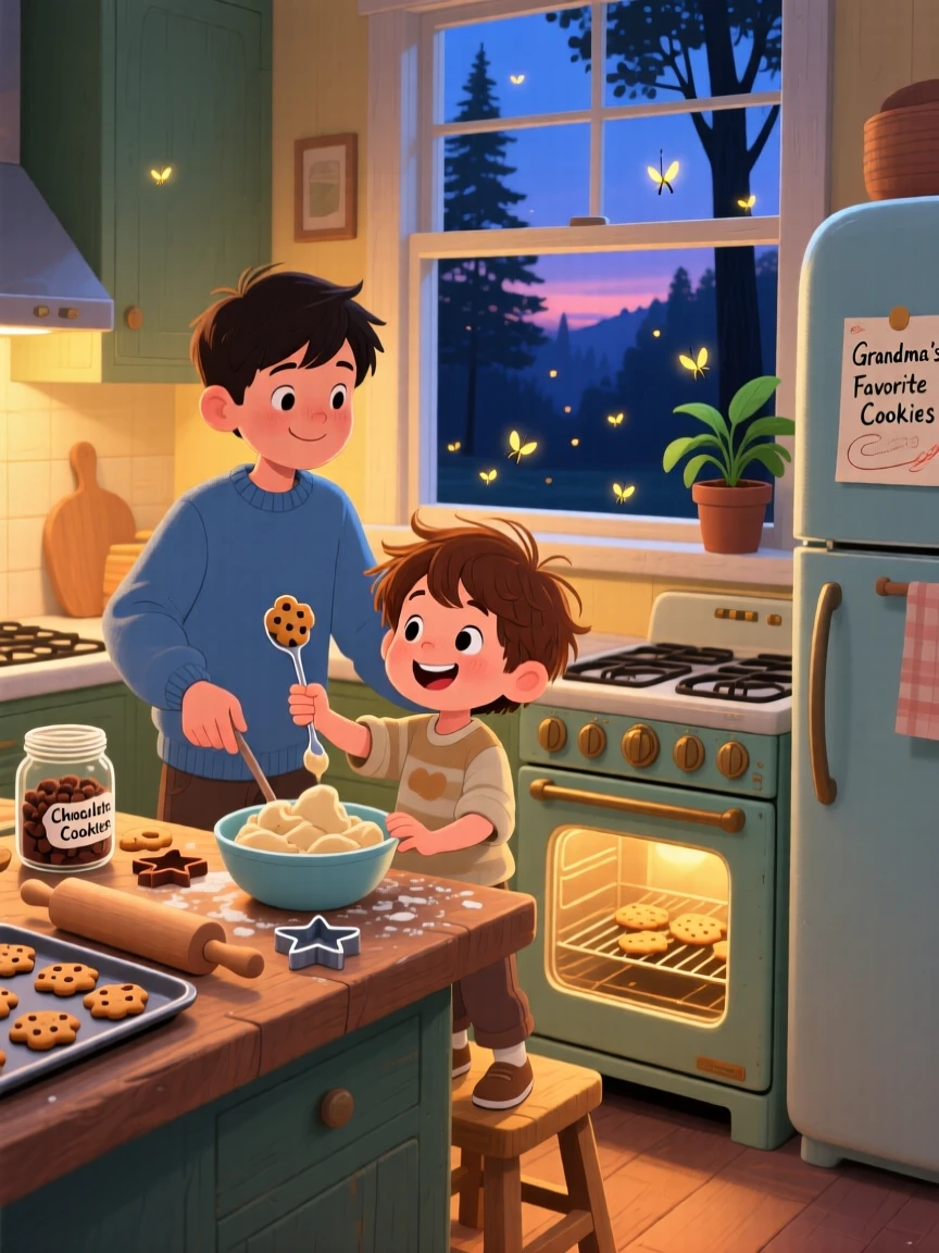 With her older brother close by, a boy with a fishing rod is baking cookies together in a warm kitchen, as fireflies begin to twinkle.