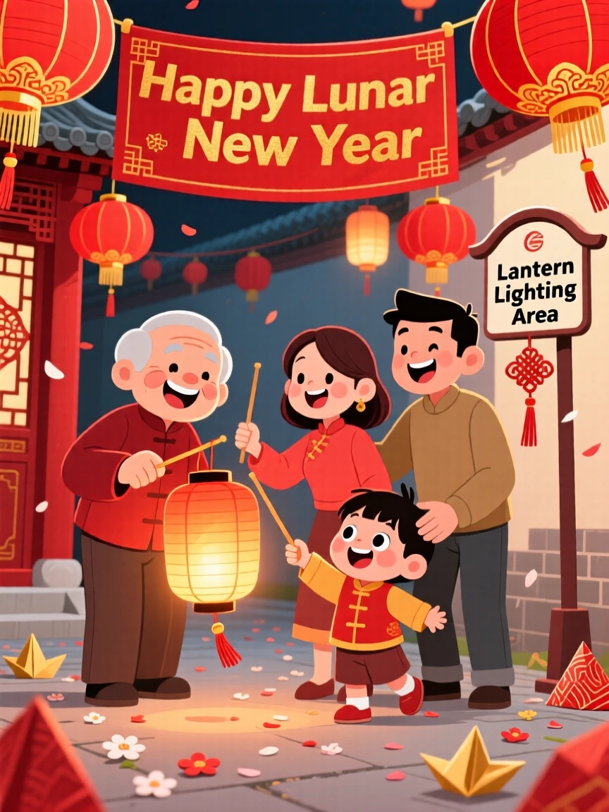 A family setting off red lanterns during a Lunar New Year celebration.