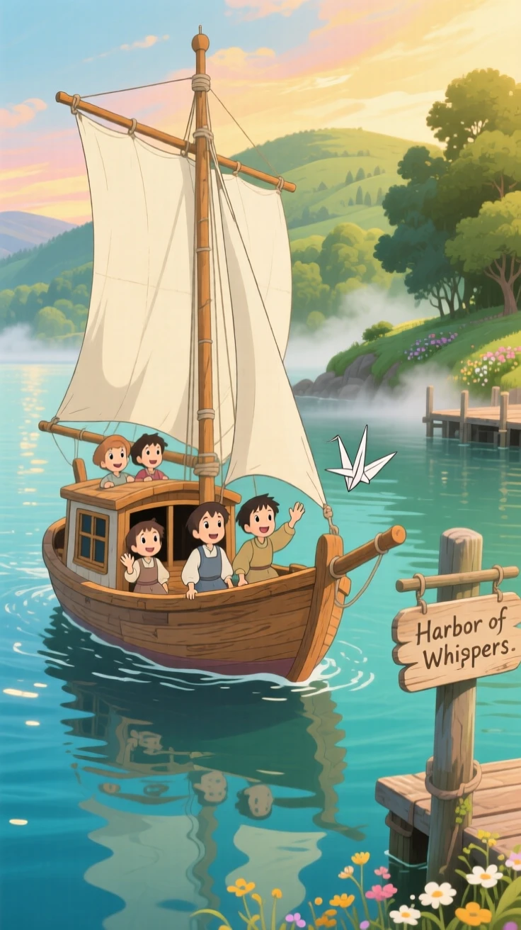 A charming scene of a small wooden sailboat gliding across a calm harbor, as passengers wave from open windows.