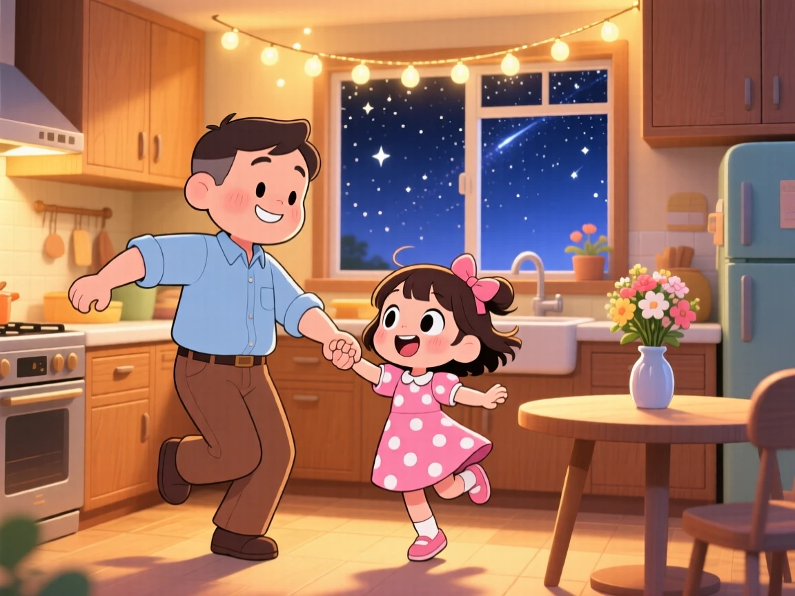 Dynamic diagonal composition of a father and daughter, dancing together in the kitchen, in a warmly lit kitchen, under a starry midsummer night sky, illuminated by warm fairy-light glow, radiating eager anticipation.