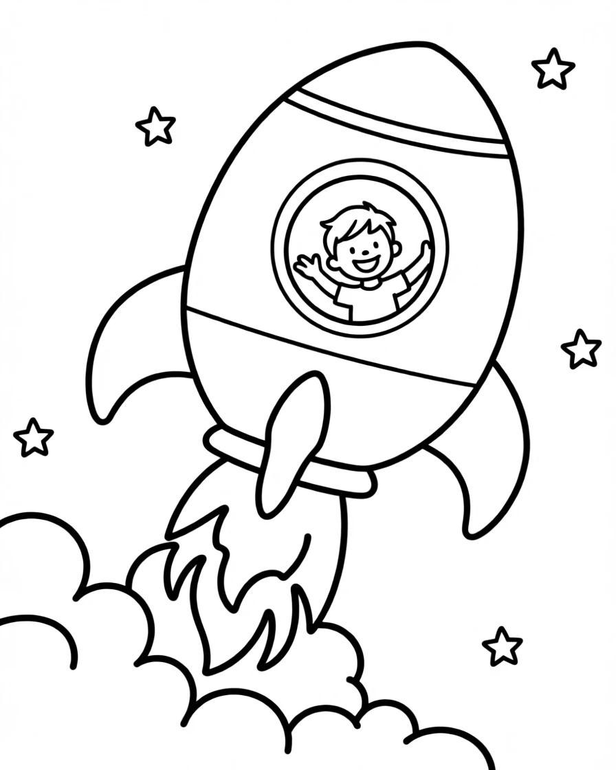 A rocket ship shaped like a friendly rounded capsule taking off