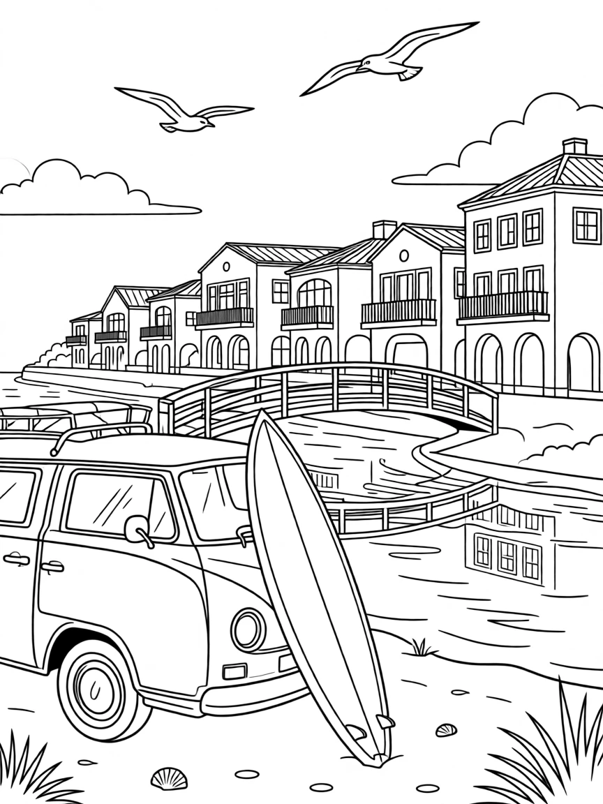 A surfboard leaning against a van parked on a California coastline, with a river reflecting the surrounding architecture.