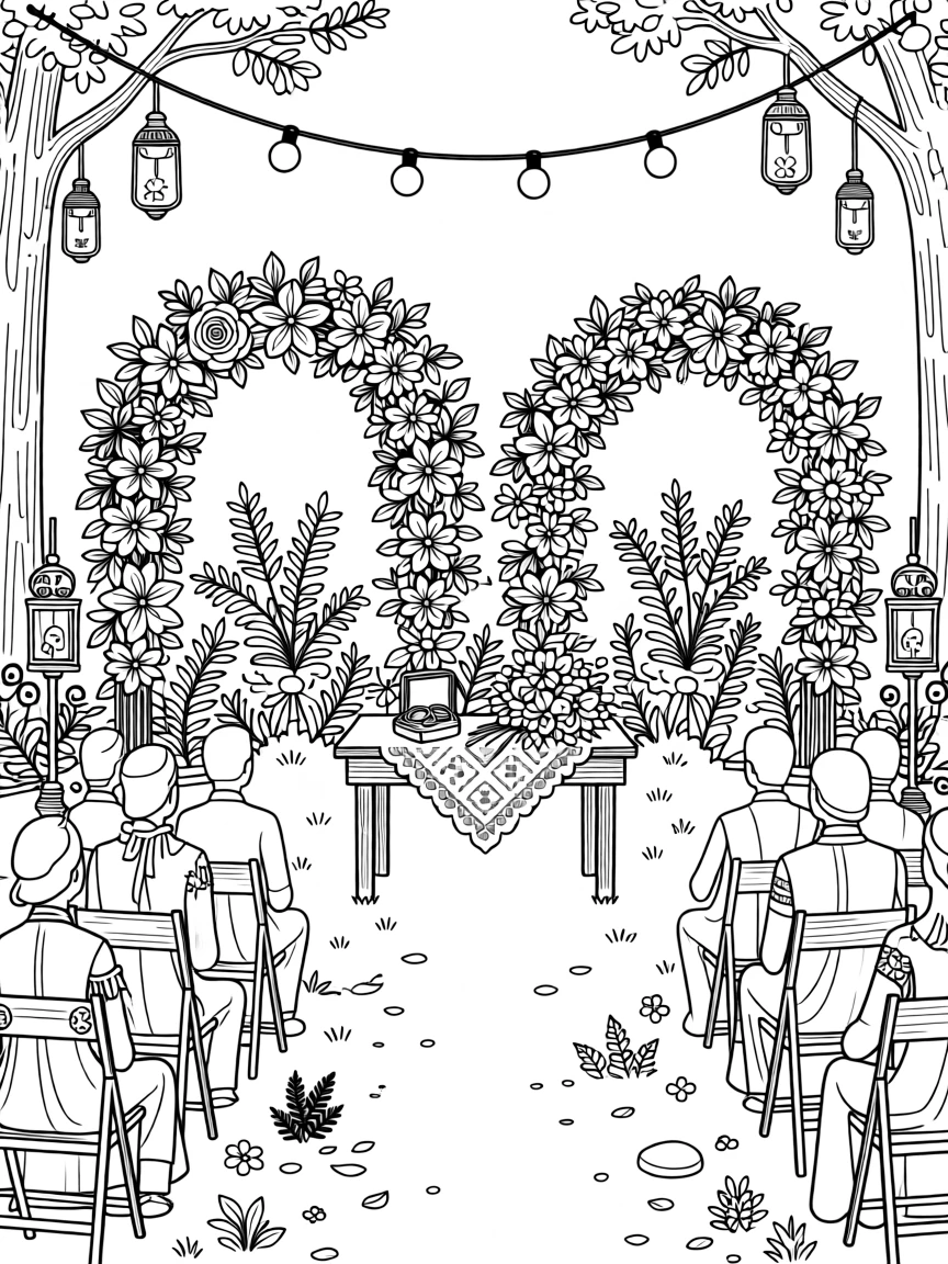 A summer garden wedding scene with floral arches and string lights.