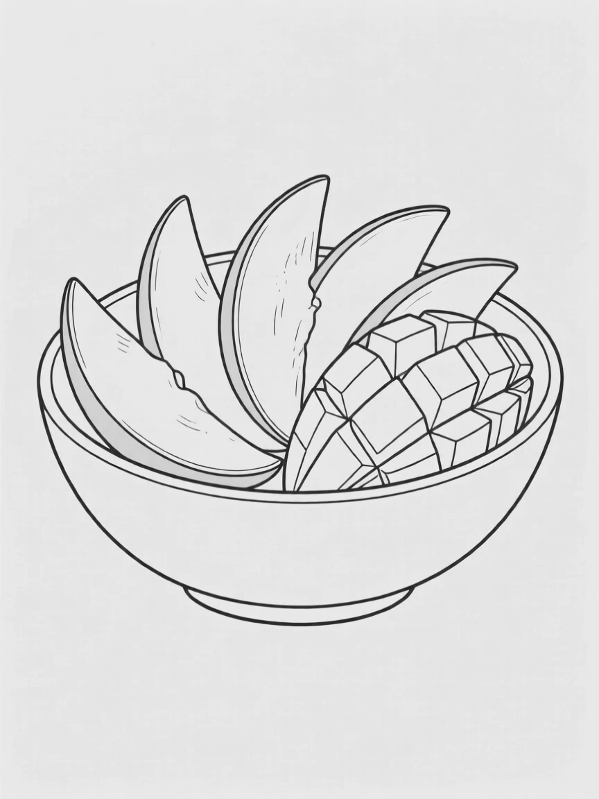 A bowl of fresh mango slices arranged in a fan pattern