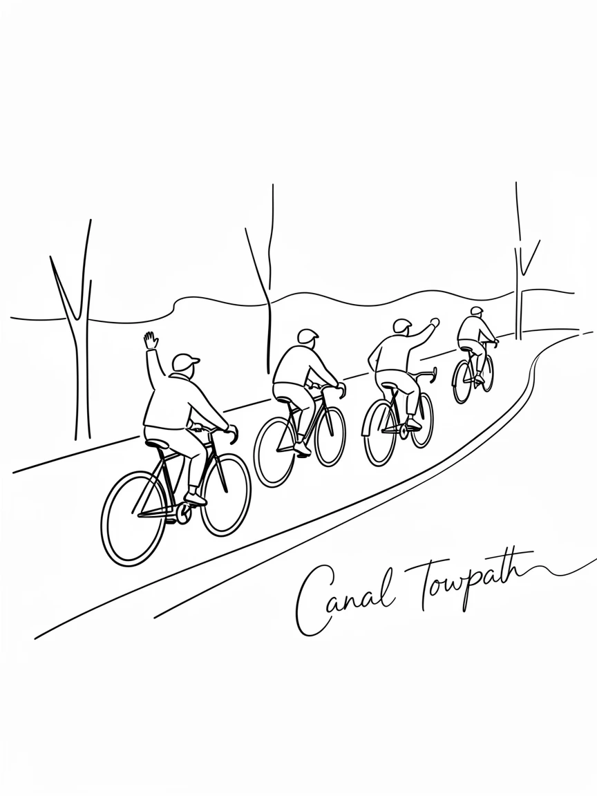 A group of travelers riding bicycles along a scenic canal towpath