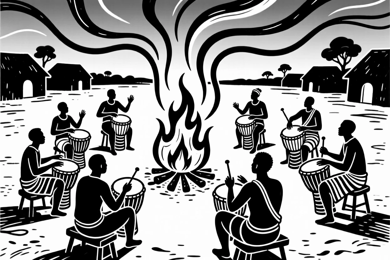 A traditional African drumming circle around a village bonfire at dusk.