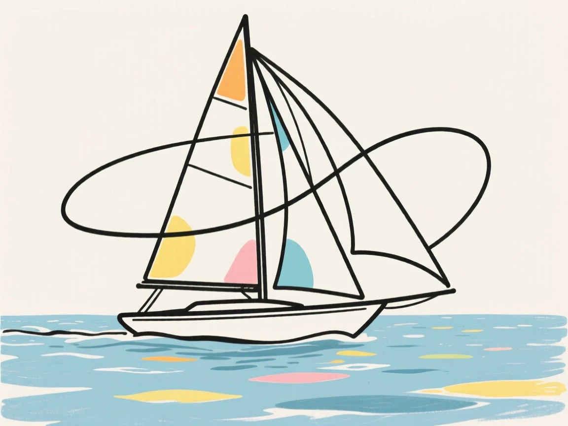 A sleek sailboat gliding across open water under a full set of sails.