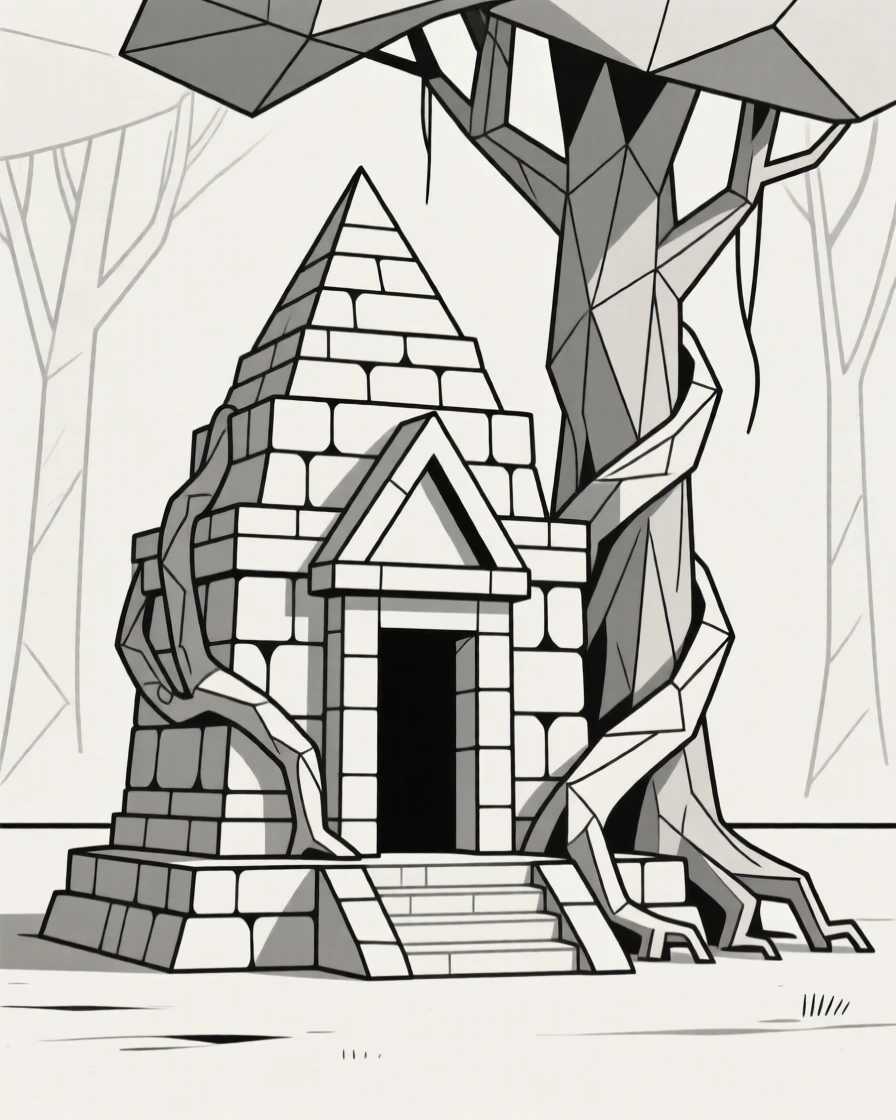 A jungle temple ruin with tree roots engulfing stone