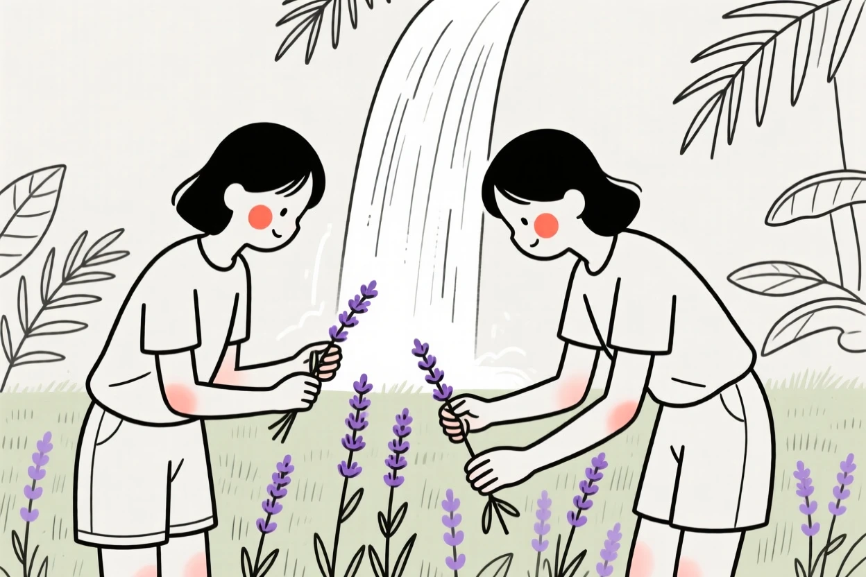 College roommates harvesting lavender in a summer field, by a waterfall in the jungle.