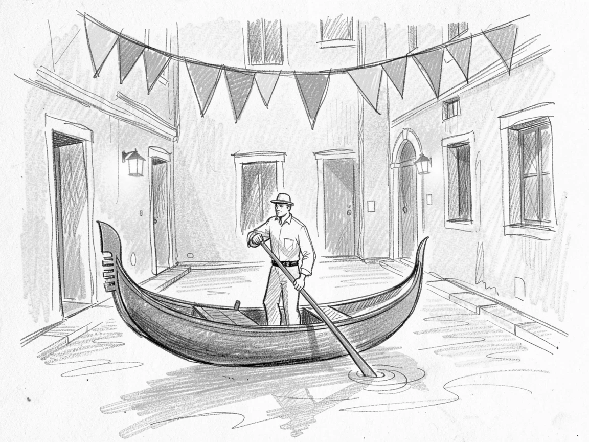 A vibrant cultural scene of a lone gondolier rowing a narrow boat in a warmly lit courtyard, with colorful flags strung overhead.