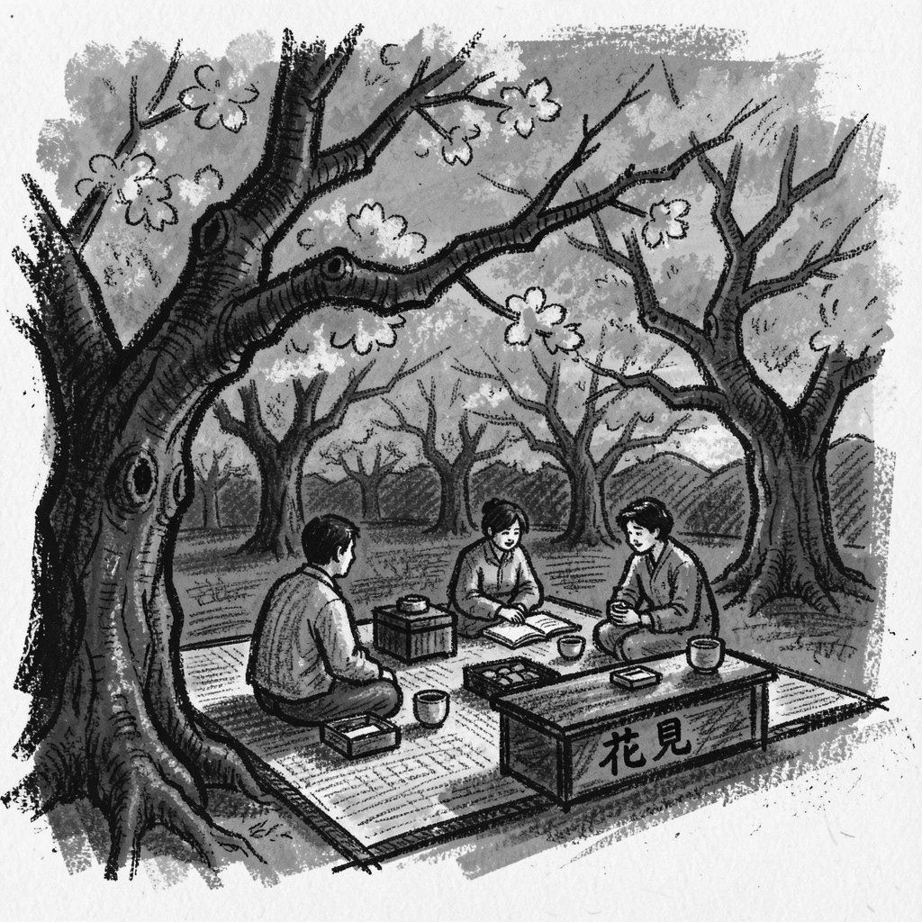 A traditional Japanese hanami picnic under blooming cherry trees, as the last light of day fades to dusk.
