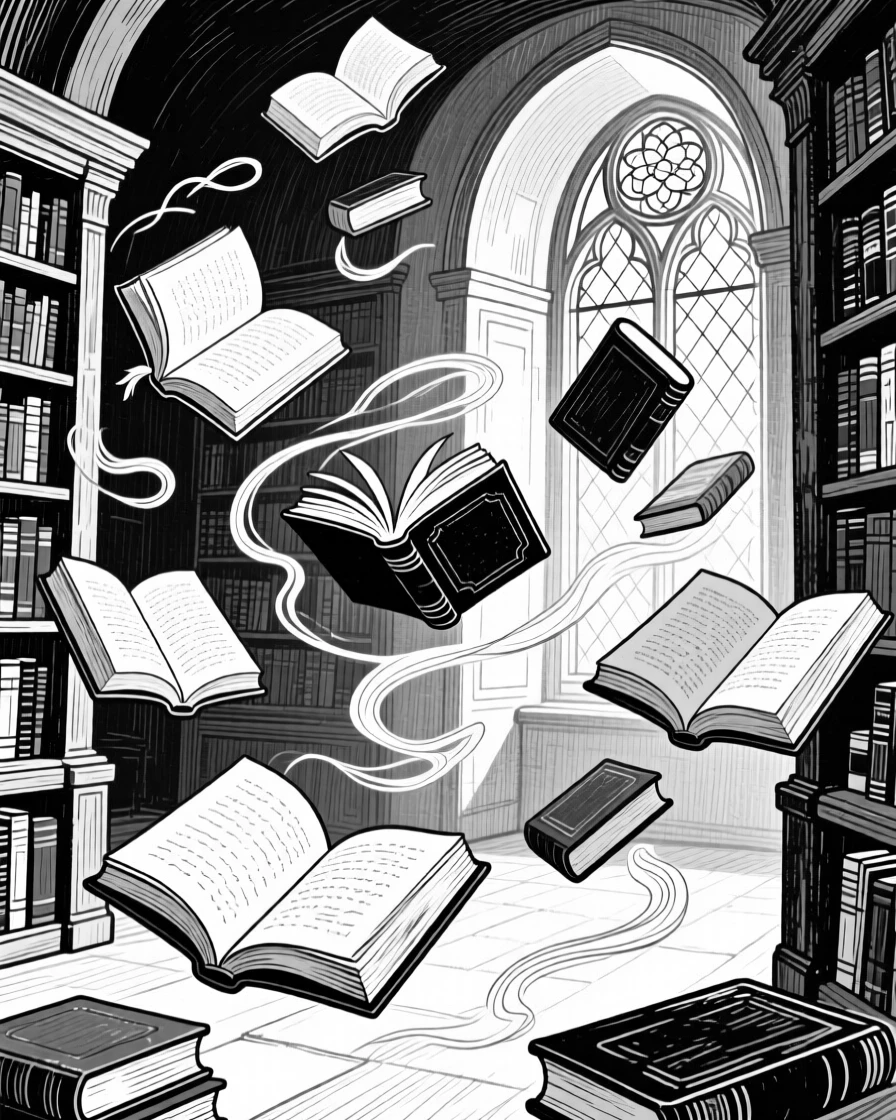 A magical library where books float gently in the air, pages turning on their own.