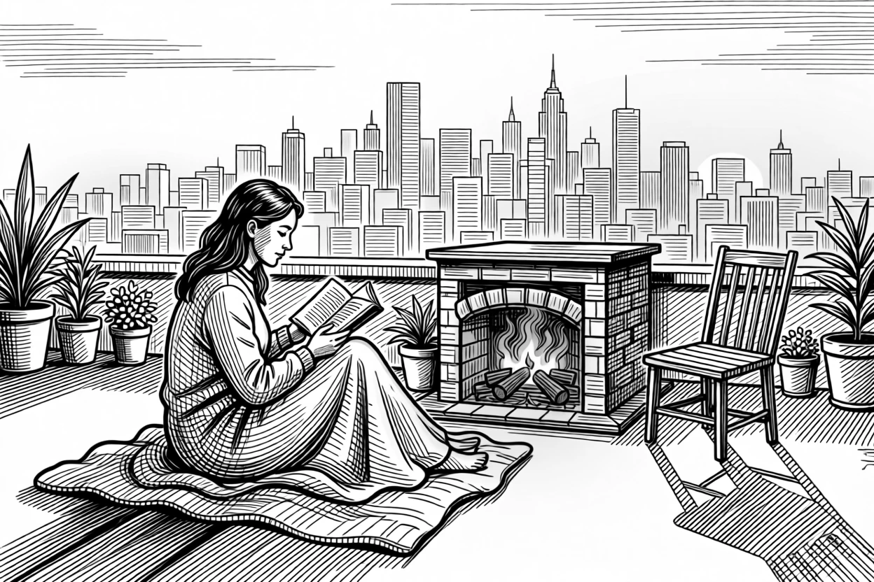 A reader curled up by a fireplace on a rooftop overlooking the city skyline, with long shadows stretching across the ground, creating a genuinely uplifting lifestyle scene.