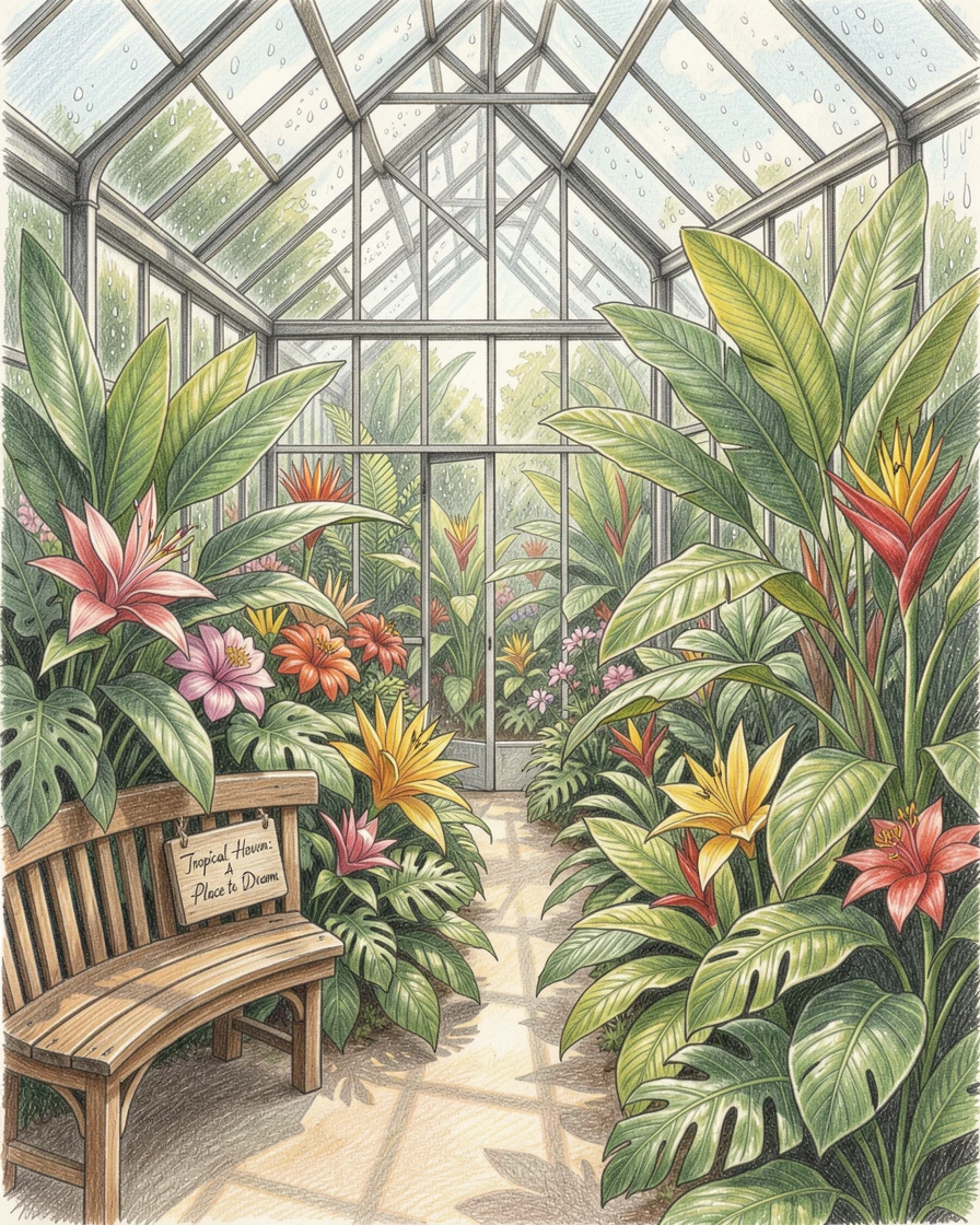 A botanical garden greenhouse filled with rare tropical blooms, with rich, inviting textures throughout the scene, celebrating a moment people would love to revisit.