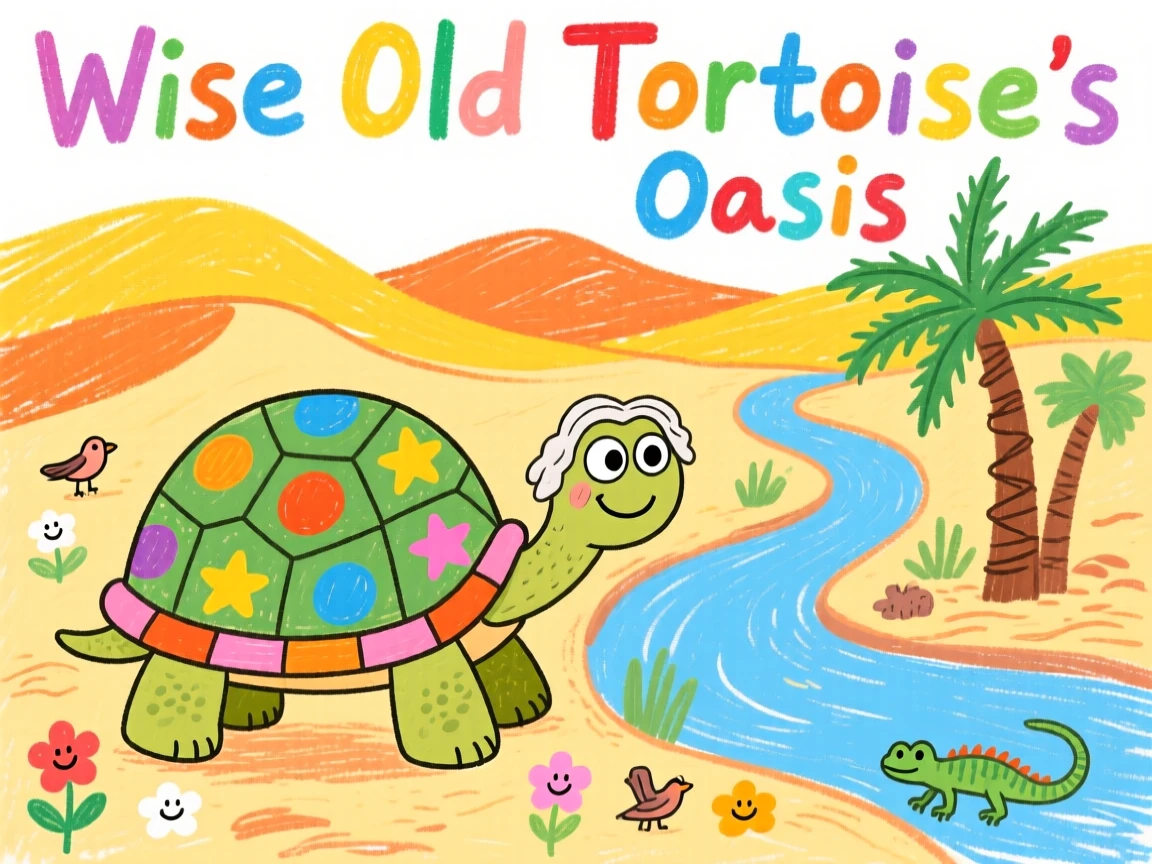 A wise old tortoise near a winding desert oasis.